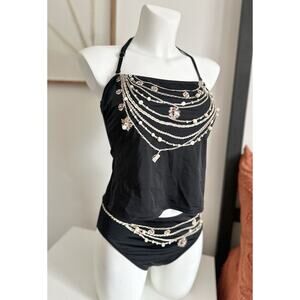 NWT Newport News Size 10 Chain Print Pearl Embellished Tankini Swimsuit